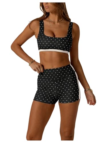SOLY HUX Polka Dots Workout Sets for Women 2 Piece Cute Gym Yoga Outfits Sports Bra High Waist Biker Shorts Activewear Black and White Medium