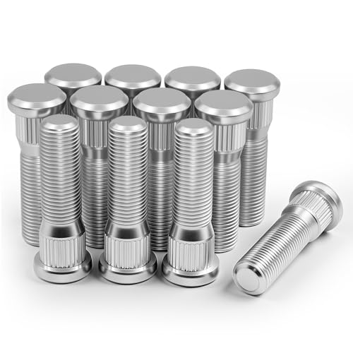 LUJIANI 12 Pack 1/2"-20 Wheel Studs, 2.06" Overall Length, 0.57" Spline, 0.75" Head, 10.9 Grade Steel Tire Stud, 1/2 x 20 Serrated High Strength Precision Thread Wheel Lug Bolts Replacement Kit
