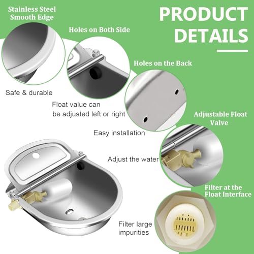 Automatic Livestock Water Bowl with Float Valves, 39’’ Water Hose, 3/4’’ Quick Connector, 304 Stainless Steel Animal Waterer Bowl Kit for Livestock Dog Horse Cow Cattle Goat Farm Supplies