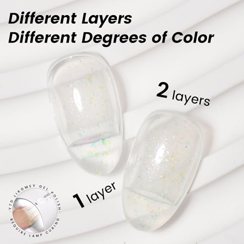 YTD Likomey Brocade Glitter Gel Nail Polish,Nude Iridescent 15ml Milky White Shimmer Jelly Translucent Neutral Holographic Sparkly Flakes Home DIY UV Nail Art Varnish,SF347