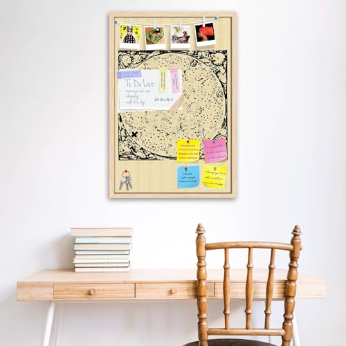 Image of ArtzFolio Old Maps & Symbols | Bulletin Board Notice Pin Board | Vision Soft Board Combo with Thumb Push Pins & Sticky Notes | Natural Brown Frame | 20 x 30 inch (51 x 76 cms)