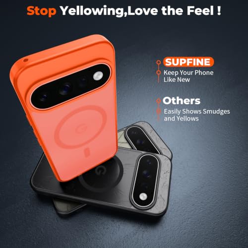 Image of SUPFINE Magnetic for Google Pixel 11 Case - Orange | With Screen Protector,Translucent Matte,Built-in Magnets,Military Grade Drop Protection,Shockproof Phone Cover
