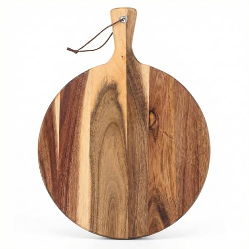 Tabla de cortar redonda de madera de acacia con mango miniatura 1