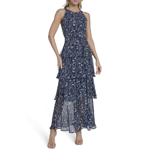 Image of Tommy Hilfiger Women's Sleeveless Halter Neck Tiered Skirt Maxi Dress