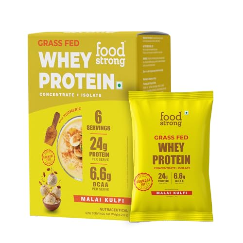 Image of Foodstrong Whey Protein Powder (Concentrate + Isolate), 100% Hormone Free Grass-Fed Whey, 24G Protein & 6.6G BCAA, Malai Kulfi, With Turmeric & Digestive Enzymes, 6 Sachets, 210G
