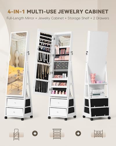 Furmax 360° Swivel Full-Length Lighted Jewelry Cabinet with Drawers (White)