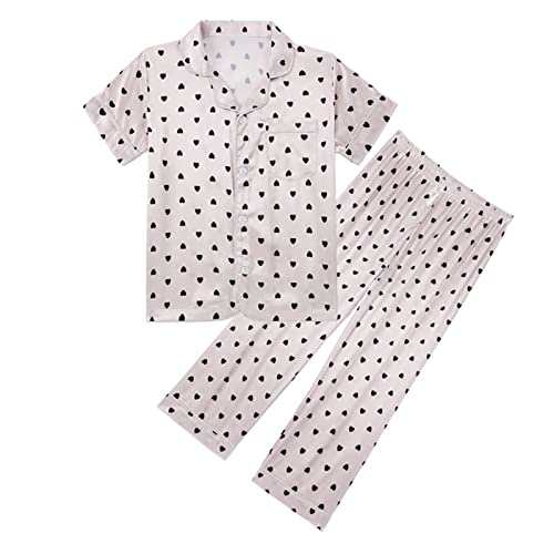 Girls Boys Silk 𝐏ajamas Heart Print Short Sleeve Button Down Shirts Tops Pants Kids Satin 𝐏js Summer Cute Loung𝐞 Set