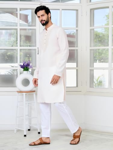 Image of See Designs Men's Full Sleeve Mandarin Collar Sequins Embroidered Chanderi Straight Long Kurta with Yoke Design - Festive Collection