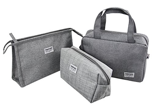 3 Pieces Portable Makeup Organizer Cosmetic Bags Set, Large Waterproof Canvas Handy Travel Cases Holder Toiletry Bag Luggage Packing Storage Bag Tote, Zipper Closure (Grey)
