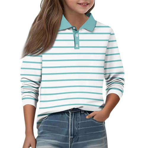 Girls' Long Sleeve Polo Shirt Striped Collared Top Casual Pullover School Uniform for Kids Girls Fashion (1-Sky Blue,9-10 Years)