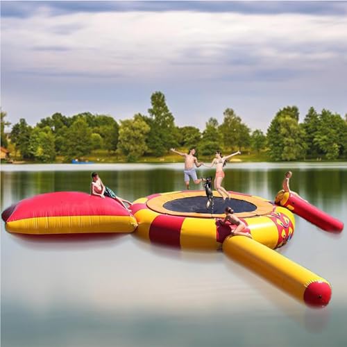 Inflatable Water Trampoline, Lake Trampoline, 10Ft/13Ft/16Ft Trampoline Floating Platform, Trampoline Jumping Platform Water Trampoline with Slide and Diving Pillow Bag