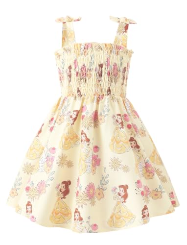Disney Princess Belle Toddler Girl Dress Bow Strap Floral Casual Summer Clothes Smocking Beach Holiday Girls Sundress Yellow 5-6 Years