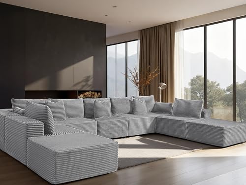 Image of 168 inch Cloud Sectional Couch, Comfort U Shaped Sofa for Living Room, Extra Deep Seats No Assembly, Minimalist Modular Couch, Corduroy (Light Grey, 9 Seats,U-Shape A)