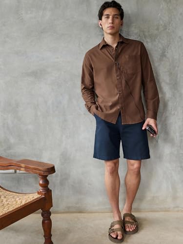 Image of Bewakoof Mens Solid Regular Fit Full Sleeve Collar Cotton Linen Blend Shirt