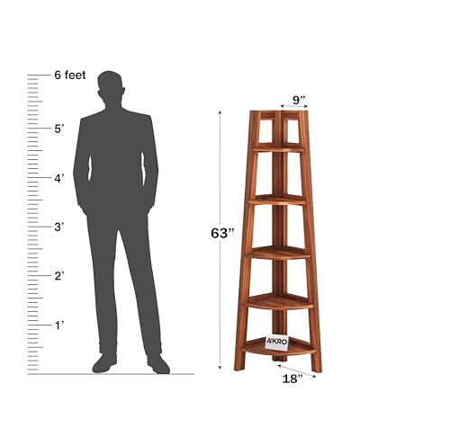 Image of Sheesham Wood Corner Shelf for Living Room Bedroom Home | 5 Tier Corner Bookshelf | Wooden Ladder Bookcase Display Unit (Honey Finish)