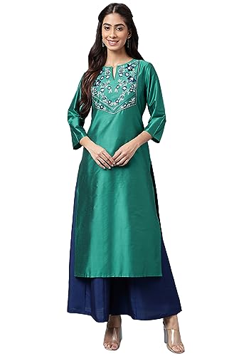 Image of Janasya Women's Peacock Green Poly Silk Yoke Embroidered Straight Kurta