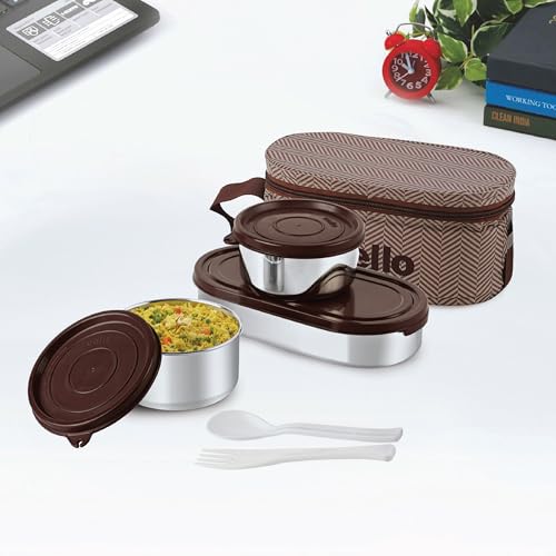 Image of CELLO Bite Buddy Deluxe Set of 3 Pcs Stainless Steel Lunch Box with Bag for Daily Office Use Brown | 2x300ml Round Steel Container, 1x500ml Oval Container, Fork & Spoon Spillproof Airtight Tiffin Box