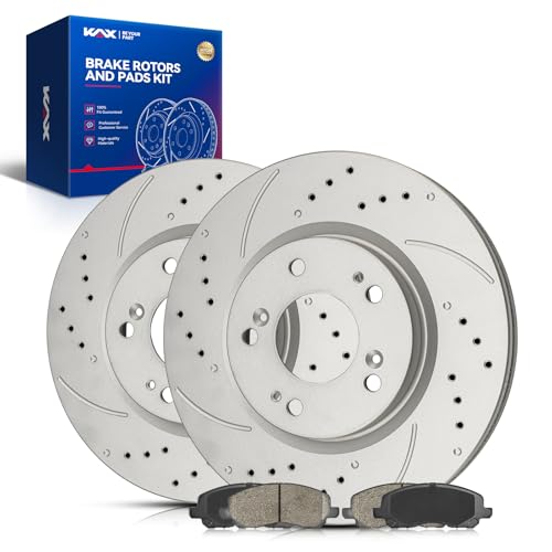 Image of KAX Front Brake Kit Fits Patriot, 200, Compass, Avenger, Outlander Sport | for Jeep, Chrysler, Dodge, Mitsubishi Models, Drilled and Slotted 11.58in Brake Rotors 31346, Ceramic Brake Pads D866