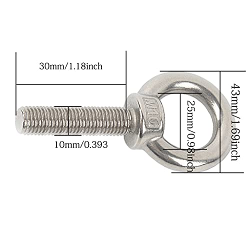 HYXXYY Shoulder Eye Bolt, M10 304 Stainless Steel Eye Bolts 3/8"x1.18" Eye Bolts Heavy Duty Screw Bolt with Washer and Nuts Set Muti-Function for Indoor Outdoor, 10mm x 30mm, 4 Pack