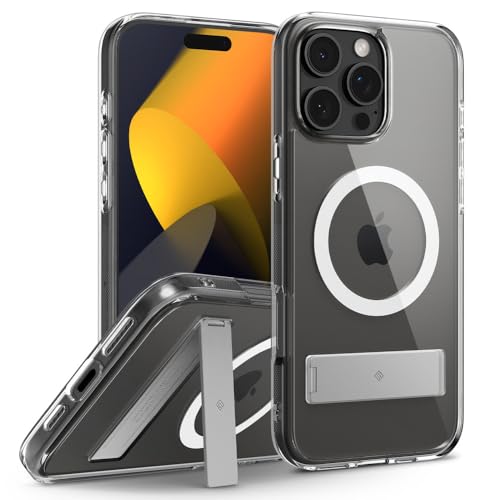 Image of CASEOLOGY by Spigen Capella Mag Kickstand for iPhone 16 Pro Case [Built-in Kickstand] Magnetic Military Grade Drop Protection Back Cover Case for iPhone 16 Pro (TPU and PC | Clear White Silver)