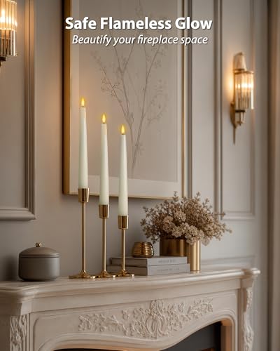 Image of Homemory 9.6 Inches Waxy Flameless Taper Candles with Remote Timer Dimmer, Flickering LED Candlesticks, Battery Operated Window Candle for Christmas Wedding Home Decor, Ivory, 6 Pcs