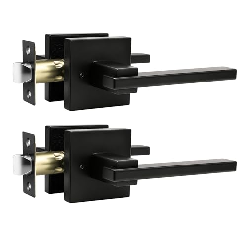 Image of Orger 2 Pack Square Interior Door Handle Bedroom Bathroom Privacy Door Lever, Matte Black Interior Door Lock for Left & Right Side Doors, Modern Keyless Privacy Door Handle Stainless Steel