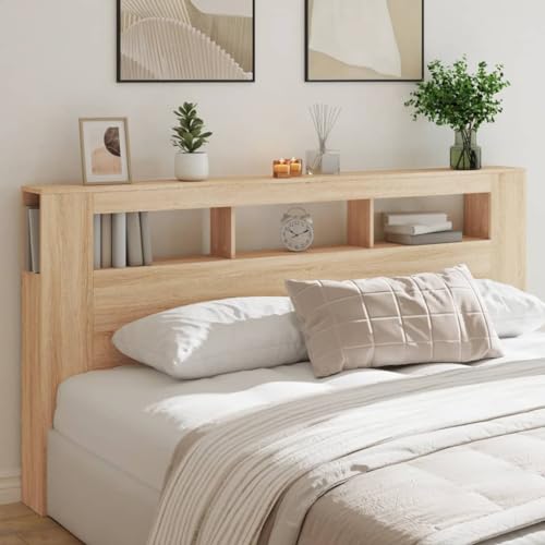 Homgoday Cabecero de cama con luces LED, cabecero de cama con luces LED, cabecero de cama con estantes, cabeceros, accesorios de cama para cama, dormitorio, roble Sonoma, 200 x 18,5 x 103,5 cm