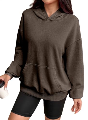 SHEWIN Womens Oversized Acid Wash Hoodies Fall Long Sleeve Sweatshirts For Women Cotton Lightweight Ribbed Hem Pullover Sweaters For Women Winter Clothes Casual Outfits with Pockets Dark Brown S