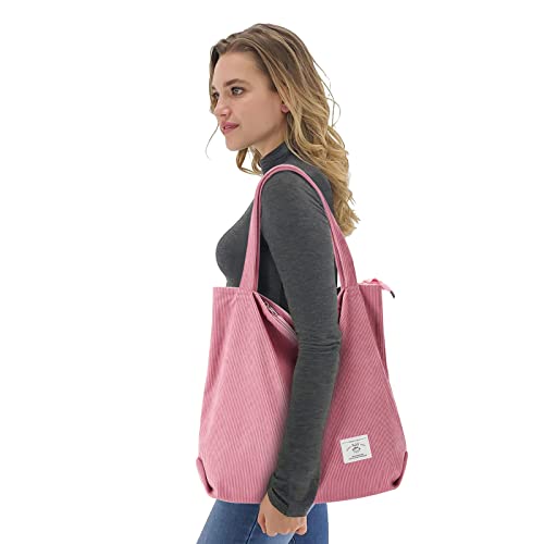Image of KALIDI Women Corduroy Tote Bag Zipper Casual Tote's Handbag Big Capacity Shoulder Bag with Pockets