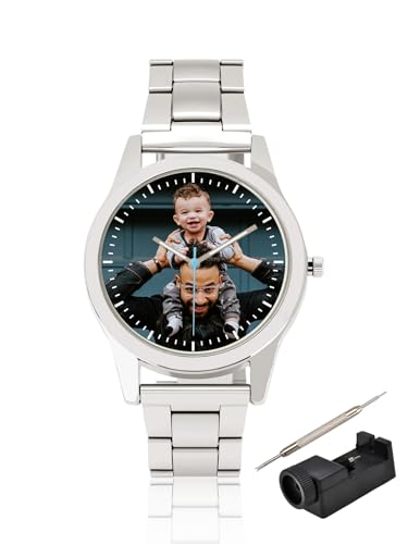 JSDDE Personalisiert Armbanduhr mit Fotogravur Metallarmband Analog Quarzuhr Damenuhr Herrenuhr Personalisiertes Geschenk für Damen Herren, mit Uhrenarmband Reparatur Werkzeug Set (Silber)