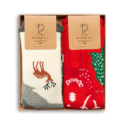 Image of RAFRAY Women's Christmas Socks - Cozy Calf-Length Winter Socks with Snowman & Reindeer - Gift Box - 2 Pairs - Size 5-9.5