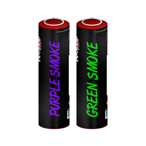 Inevitable Party Pack of 2 Ring Pull Activated Coloured Smoke Grenades | Smoke Bombs for Photography | Airsoft | Paintball | Weddings | Stage & Special Effects (Purple, Green)