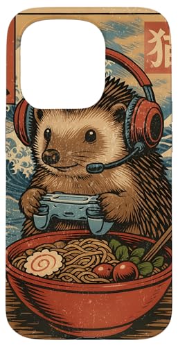 Cute Kawaii Gamer hedgehog Funny Ramen Retro Japanese Gaming Case for iPhone 15 Pro