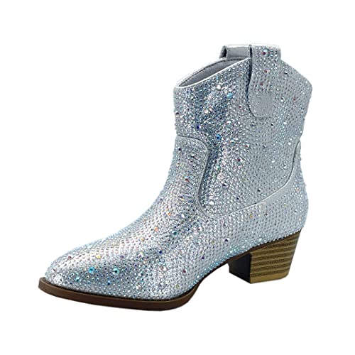ABSOLEX Girl's Rhinestone Block Chunky Heel Ankle Bootie3
