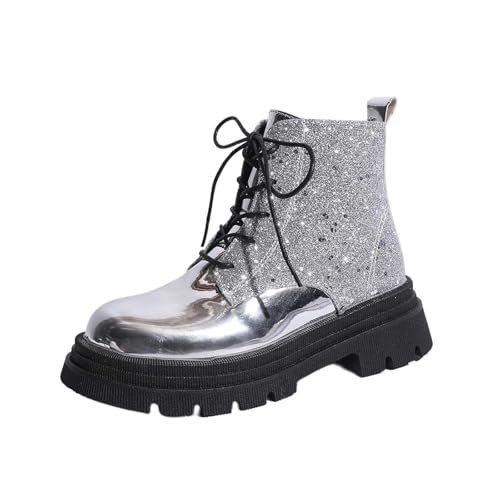 Generisch Damen Stiefeletten Plateau Schnürstiefel Disco Pailletten Chunky Boots Vintage Party Stiefeletten mit Runder Kappe & Stabler Sohle, Alltag Herbst Winter Gothic Boots Karneval Kostüm