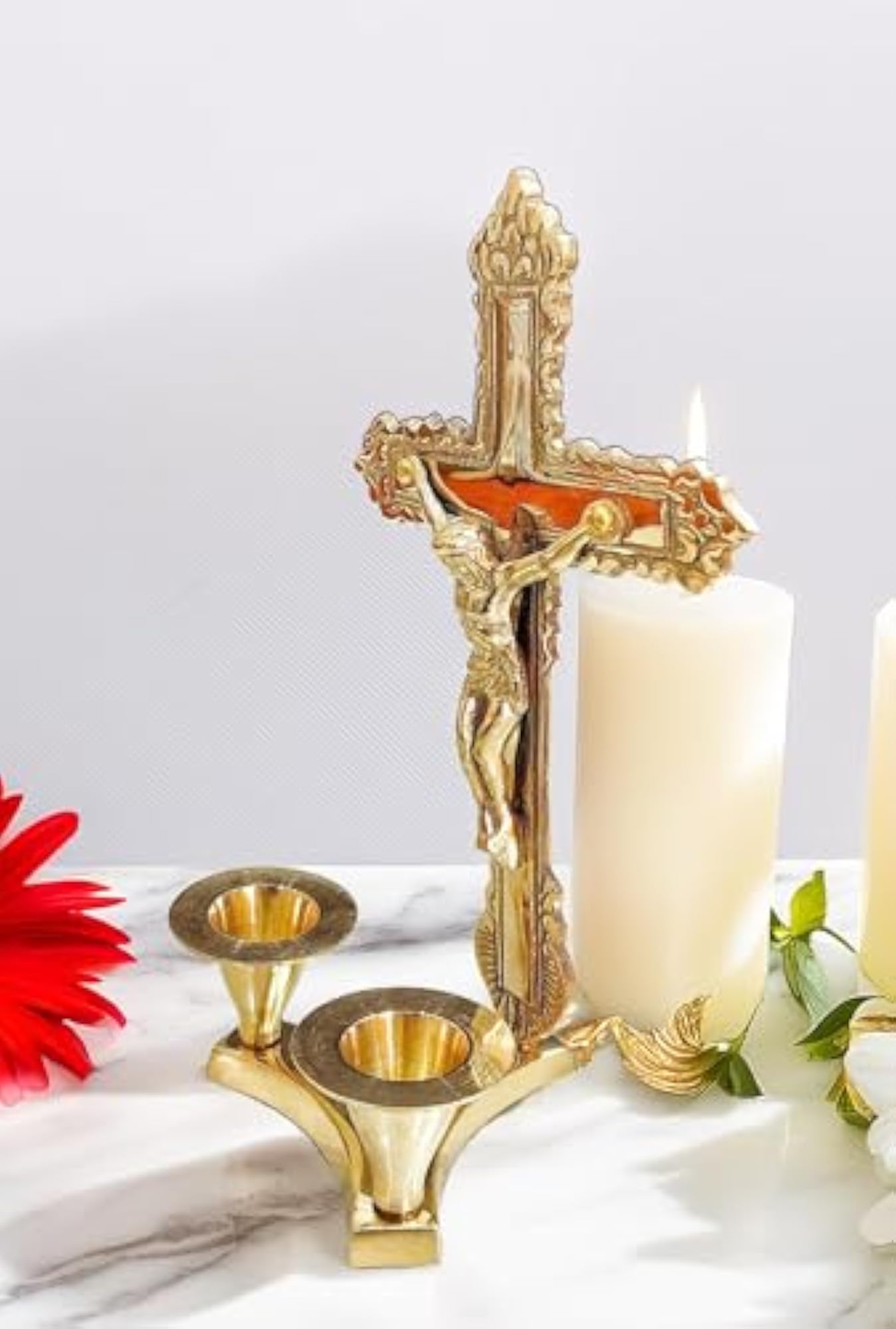 Brass Cross Candle Holder Stand, Decorative Pooja Gift