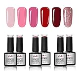Gel Nail Polish Set ULG 6 Colors UV LED Non-Toxic Soak Off Nail Art Manicure Classic Elegant Pink Red Glitter Colors 10ml 0.33fl.oz