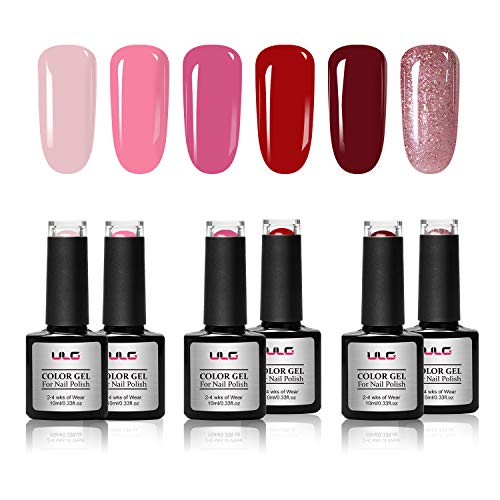 Gel Nail Polish Set ULG 6 Colors UV LED Non-Toxic Soak Off Nail Art Manicure Classic Elegant Pink Red Glitter Colors 10ml 0.33fl.oz