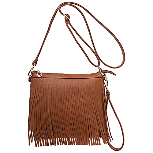 MEGAUK Sac à bandoulière avec franges et rivets pour femme - En daim synthétique, 06691 marron Cover