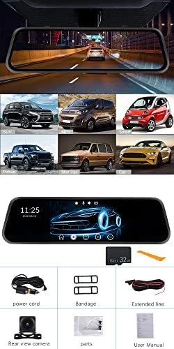 CAMECHO 9.66 Mirror Dash Cam Backup Camera with 32GB Card, 1080P Full HD Touch Screen Dual Front and Rear Camera Super Night Vision, G-Sensor, WDR, Parking Monitor, Loop Recording, Motion Detection
