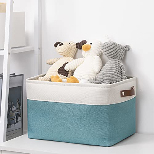 Image of DULLEMELO Fabric Storage Basket for Shelves /Closets, Collapsible Rectangle Basket for Organizing Clothes, Toys, Towels, Books, Laundry, Nursery, Dog Toy Basket Empty (White&Teal)