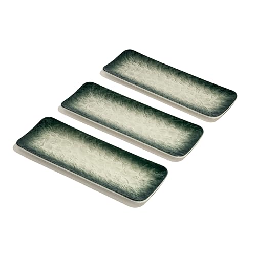 Image of Beyond Homes Ceramic Sushi & Dimsum Tray Set of 3, 12 Inch | Long Rectangular Tray for Serving | Microwave & Dishwasher Safe | Ceramic Serving Platters for Dessert, Snacks and Momos (Green)