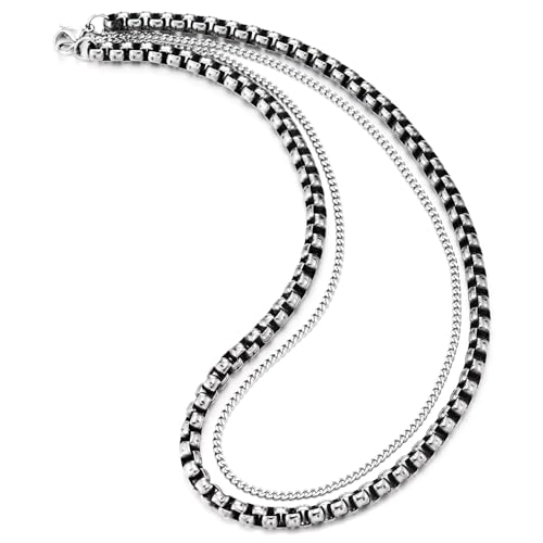COOLSTEELANDBEYOND Chunky Box and Curb Chain Necklace for Men, Two-Layer Steel Design, Punk Rock Biker Jewelry