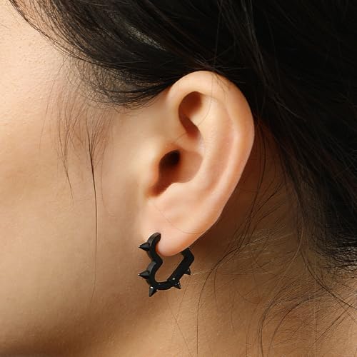 2 Pairs Silver Black Heart Hoop Earrings for Women Men Stainless Steel Y2k Punk Goth Spike Heart Earrings Jewelry Gift2
