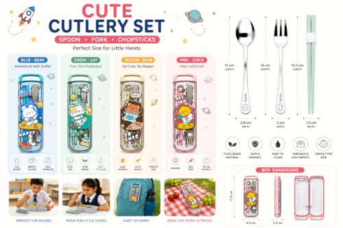 Image of Kids Cutlery Set with Box | Stainless Steel Spoon /Fork /Chopsticks | BPA-Free Food Grade Portable Lunch Utensils for School, Travel, Picnic & Camping