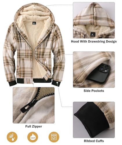 Image of Mens Plaid Hoodies Winter Zip Up Fleece Jacket Sherpa Fleece Lined Warm Flannel Jacket Coat