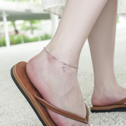 Image of CHIC & ARTSY 925 Sterling Silver Ankle Bracelets for Women, Adjustable Double Layer Chain Anklets, Minimalist Lightweight Foot Jewelry for Beach & Everyday Wear