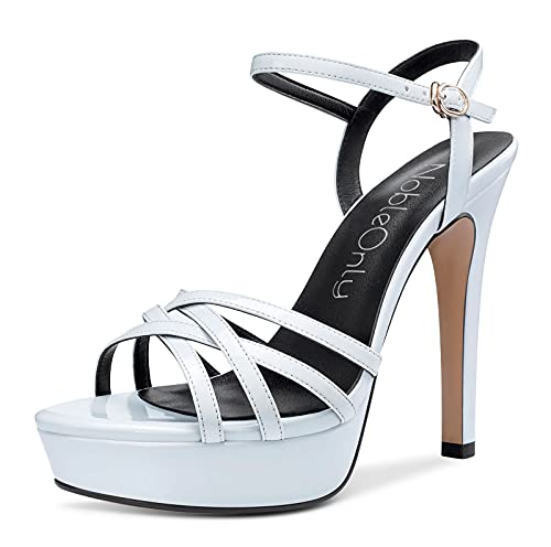 NobleOnly Mujer Plataforma Sandalias Slingback Tira de Tobillo Hebilla Tacón de Aguja 13CM High Heels Blanco Zapatos EU39 Cover