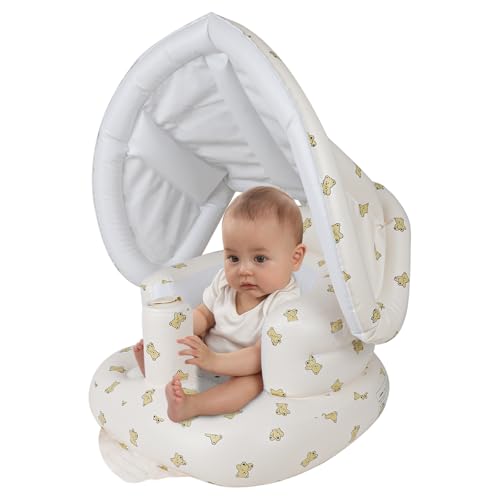Image of Zenflux Inflatable Baby Seat with Detachable Canopy, Sit Me Up Floor Seat for Baby 3 Months and Up, Inflatable Baby Chair with Built in Air Pump, Blow Up Infant Seat for Learning to Sit - Bear