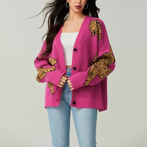 Tiger Print Cardigan Sweaters for Women Button Up Y2k Knitted Cardigans Oversized Long Sleeve Sweater Coats4